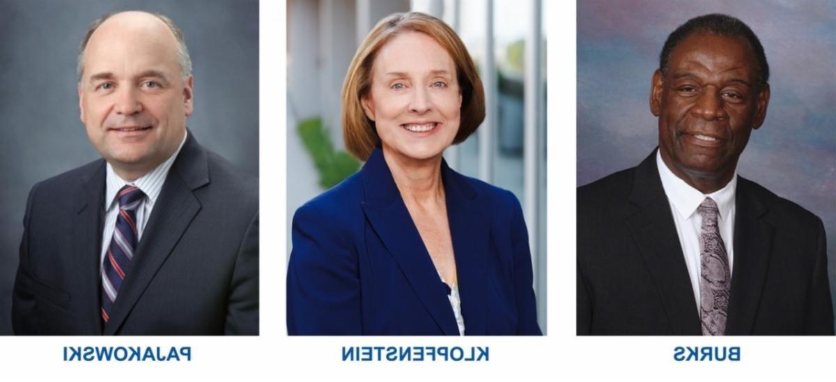 Professional portraits of three individuals. From left to right: a Black man named Burks wearing a dark suit and tie, a white woman named Klopfenstein in a blue blazer over a white blouse, and a white man named Pajakowski in a gray suit with a blue striped tie.